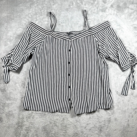 Miss Lili Tops - Miss Lili 2X Striped Off Shoulder Button Front Blouse Black White Tie Sleeve